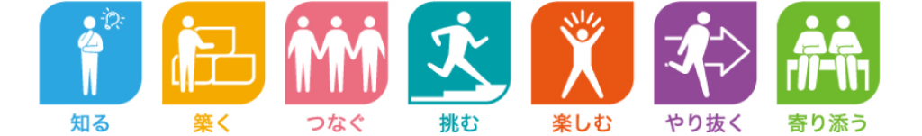 知る　築く　繋ぐ　挑む　楽しむ　やり抜く　寄り添う